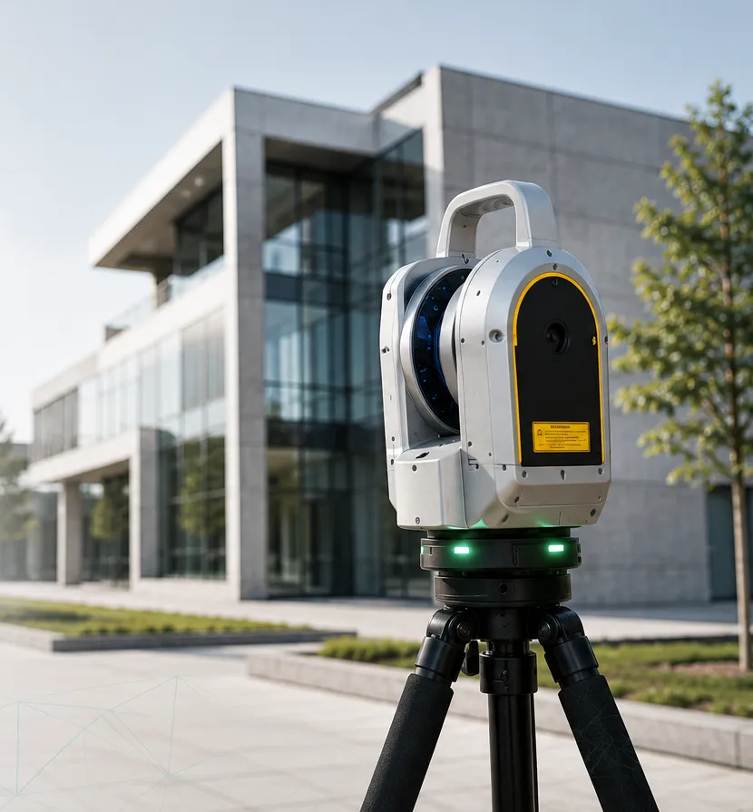 3D scanner in front of a modern building